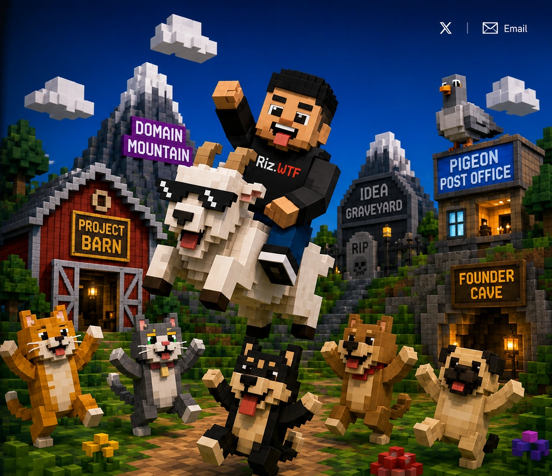 Riz riding a voxel goat through a ridiculous founder world